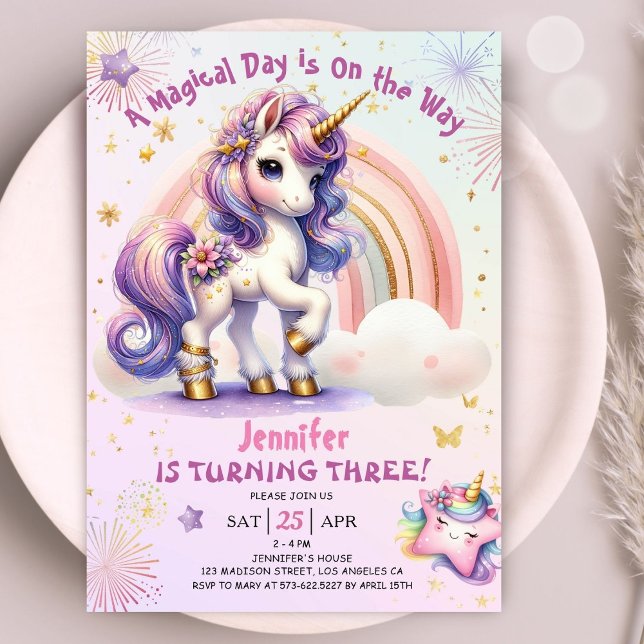 Convites Aniversário de 3 anos de Unicórnio Rapariga Roxo A (#UnicornBirthdayInvitation #UnicornBirthdayInvitationTemplate #UnicornBirthdayInvitationEditable )