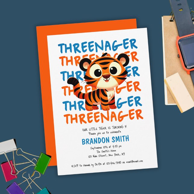 Convites Aniversário de 3 anos do Threenager Tiger Boy (Threenager Tiger Boy 3rd Birthday Party Invitation
)