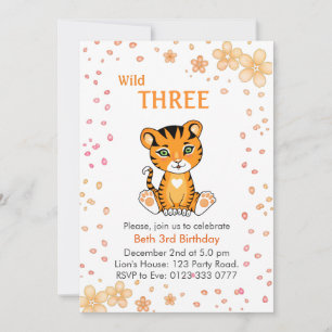 Convites Aniversário de 3 anos do Tigre Selvagem Fofo Flora