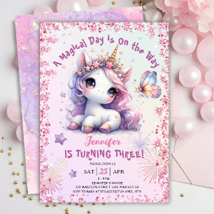 Convites Aniversário de 3 anos do Unicórnio Rapariga Rosa P