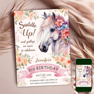 Convites Aniversário de 3 anos Floral de Cavalo Branco Sadd
