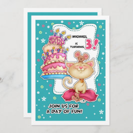 Convites aniversário de 3 anos | Gatinho Divertido e Mouse 