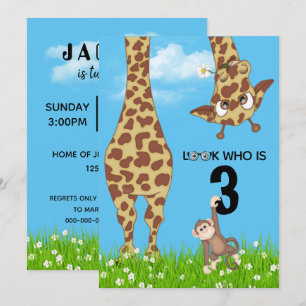 Convites aniversário de 3 anos Girafa e macaco na grama