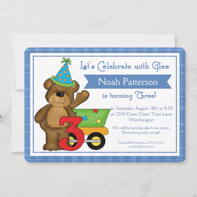 Convites aniversário de 3 anos Invoca o Comboio do Urso de  (Frente)