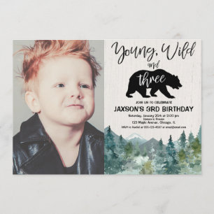 Convites aniversário de 3 anos, jovem selvagem, três fotos 