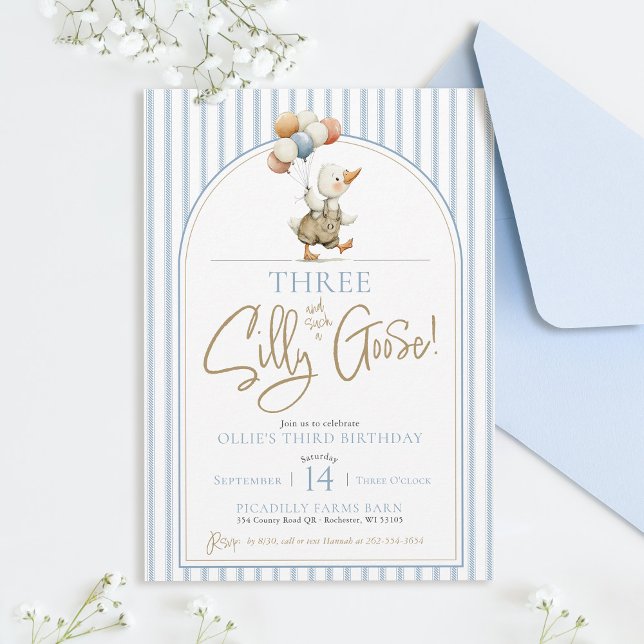 Convites ANIVERSÁRIO DE 3 ANOS Pinstripe Bobo (THREE Silly Goose cute modern arch whimsical ticking pinstripe boy 3rd birthday party invitation)