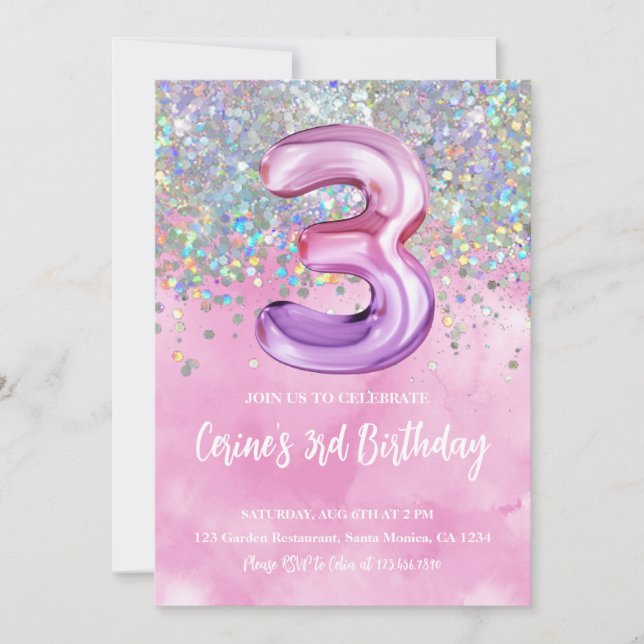 Convites Aniversário de 3 anos Rainbow Foil Girl (Frente)