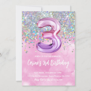 Convites Aniversário de 3 anos Rainbow Foil Girl