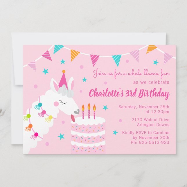 Convites Aniversário de 3 anos Rosa-de-Bolo-do-Lama (Frente)