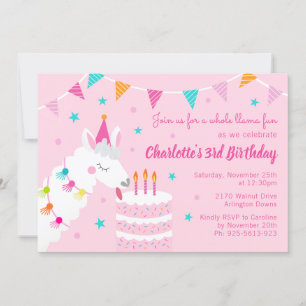 Convites Aniversário de 3 anos Rosa-de-Bolo-do-Lama