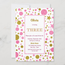 aniversário de 3 anos rosa e brilho Dourado