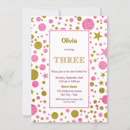 Convites aniversário de 3 anos rosa e brilho Dourado