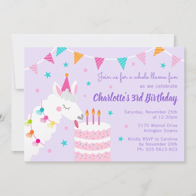 Convites Aniversário de 3 anos Roxo do Bolo de Llama (Frente)