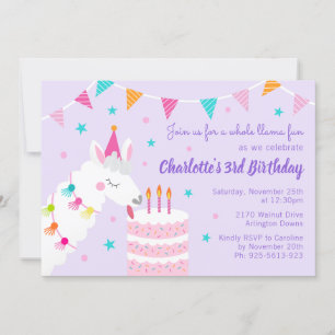 Convites Aniversário de 3 anos Roxo do Bolo de Llama