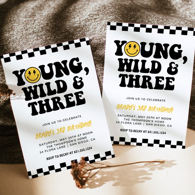 Convites aniversário de 3 anos Smiley face Bolt, Jovem, Sel (Criador carregado)