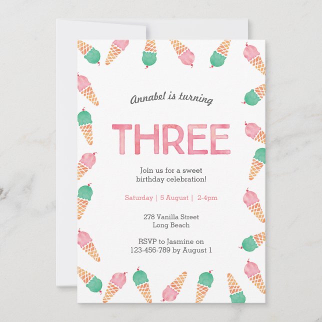 Convites aniversário de 3 anos | SORVETE (Frente)