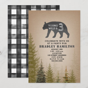 Convites Aniversário de 3 Ursos e Selvagem Jovem de Xadrez