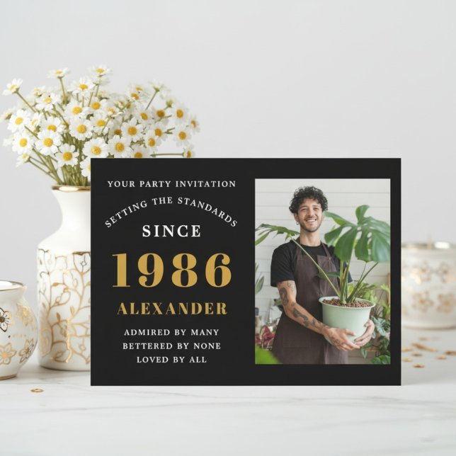 Convites Aniversário de 40 anos 1986 Foto Personalizada Pre (1986 birthday invitation. Background flowers.)