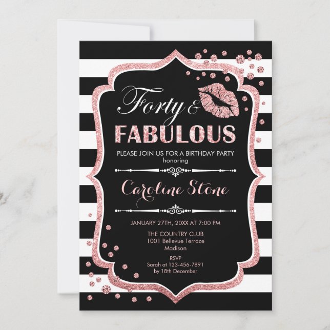 Convites aniversário de 40 anos - 40º Fabuloso Rosa preto D (Frente)