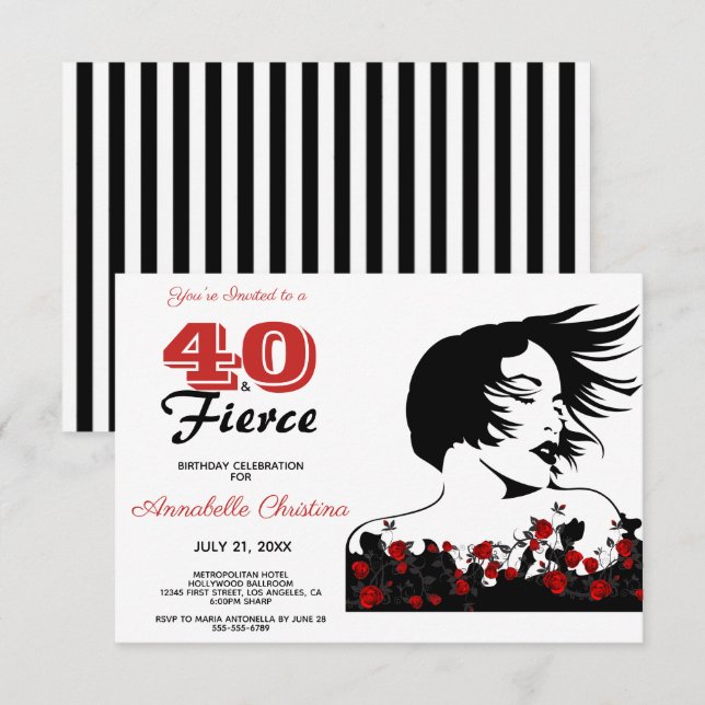 Convites aniversário de 40 anos 40 e FIERCE Modern Black/Wh (Frente/Verso)