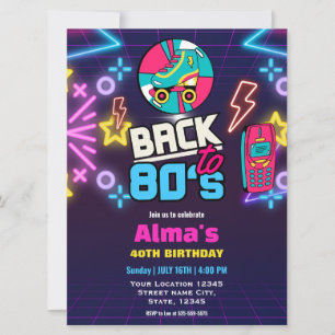 Convites Aniversário de 40 anos 80s Retro Neon