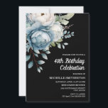 Convites Aniversário de 40 anos azul-branco-negro-negro-fem<br><div class="desc">Linda cor azul e branca da água floral no cartão postal do convite de festas aniversário de 40 anos de mulher negra. O texto é totalmente personalizável, de modo que este cartão pode ser projetado para qualquer idade. Entre em contato comigo para obter assistência com a personalização ou para solicitar...</div>