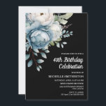 Convites Aniversário de 40 anos azul-branco-negro-negro-fem<br><div class="desc">Linda cor azul e branca da água floral no cartão postal do convite de festas aniversário de 40 anos de mulher negra. O texto é totalmente personalizável, de modo que este cartão pode ser projetado para qualquer idade. Entre em contato comigo para obter assistência com a personalização ou para solicitar...</div>