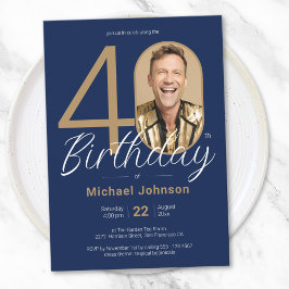 Convites Aniversário de 40 anos Azul de Marinho Dourado Ele
