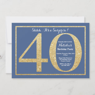 Convites aniversário de 40 anos azul e brilhante Dourado S