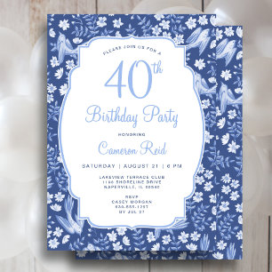 Convites Aniversário de 40 anos Azul Floral Feminino Elegan
