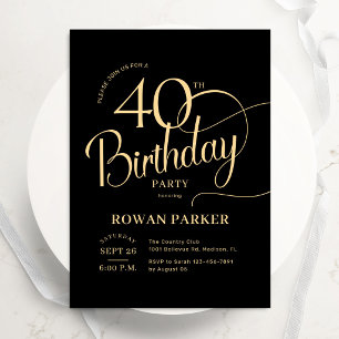 Convites Aniversário de 40 anos Black Gold Elegante Script