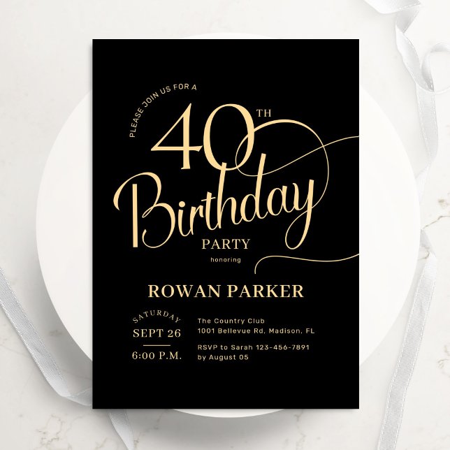 Convites Aniversário de 40 anos Black Gold Elegante Script (Criador carregado)