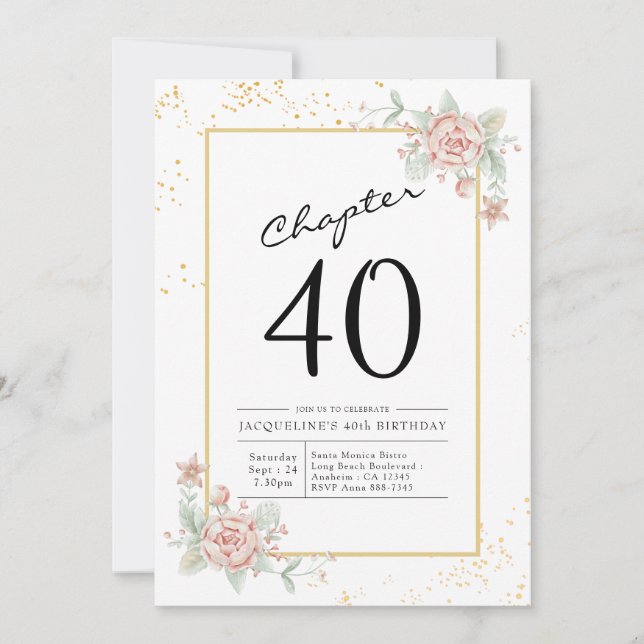 Convites aniversário de 40 anos Blush Floral (Frente)