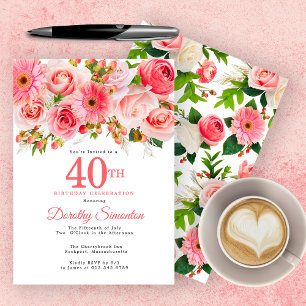 Convites Aniversário de 40 anos Bonito Floral Rosa-de-Verão