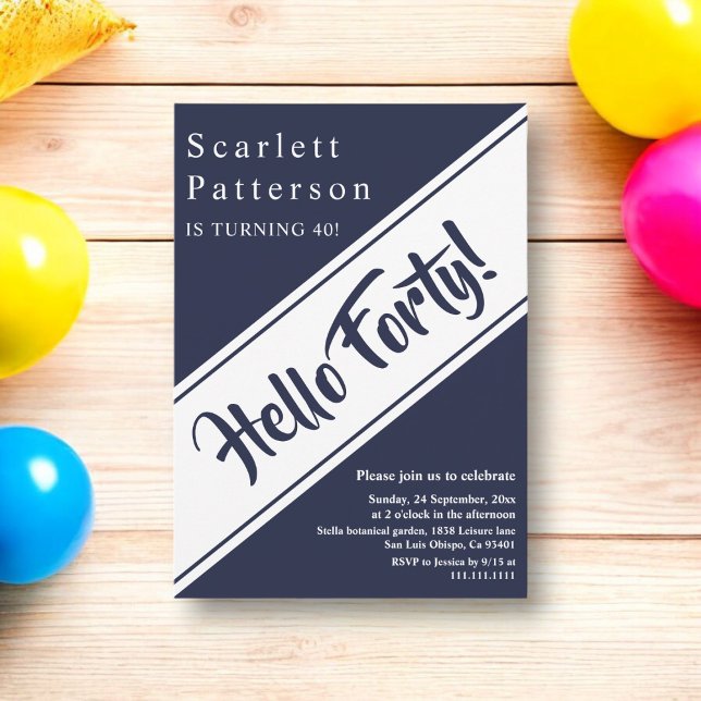 Convites Aniversário de 40 anos branco-branco Marinho chic  (Criador carregado)