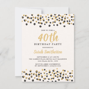 Convites Aniversário de 40 anos Branco Preto Dourado Confet