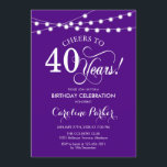 Convites aniversário de 40 anos - Branco roxo<br><div class="desc">Convite para aniversário de 40 anos. Design simples roxo e branco com luzes de cordas de fada e fontes de script. Saúde para 40 anos! Pode ser personalizado em qualquer idade! Envie-me uma mensagem se precisar de mais personalização.</div>