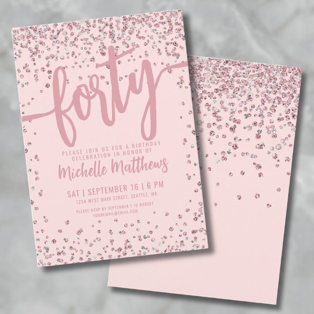 Convites aniversário de 40 anos brilhante Dourado rosa (Rose Gold Glitter 40th Birthday Invitation)