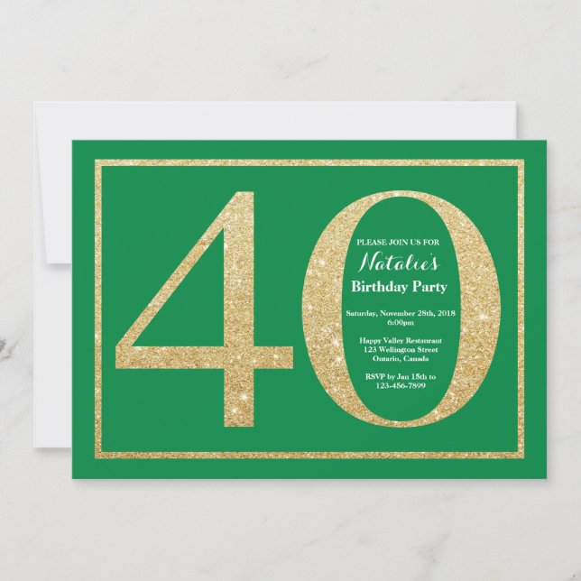 Convites Aniversário de 40 anos Brilho Verde e Dourado (Frente)