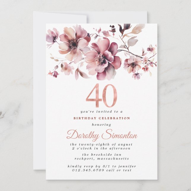 Convites aniversário de 40 anos Burgundy Dusty Blush - Cor- (Frente)