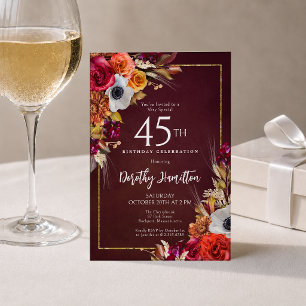 Convites Aniversário de 40 anos Burgundy Flores de Outono S