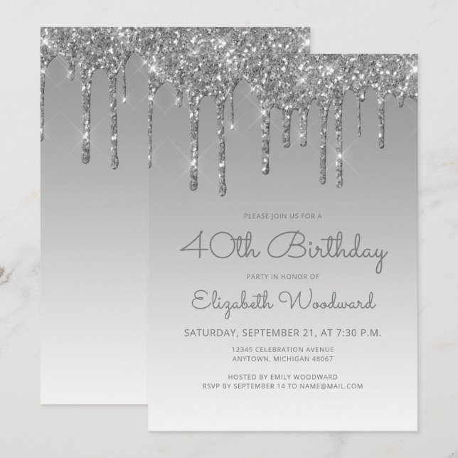 Convites Aniversário de 40 anos Chic Glitter Drip Prata (Frente/Verso)