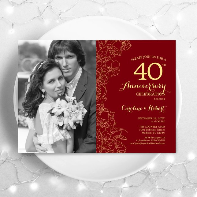 Convites Aniversário de 40 anos Com Foto Floral Rubi Vermel (Criador carregado)