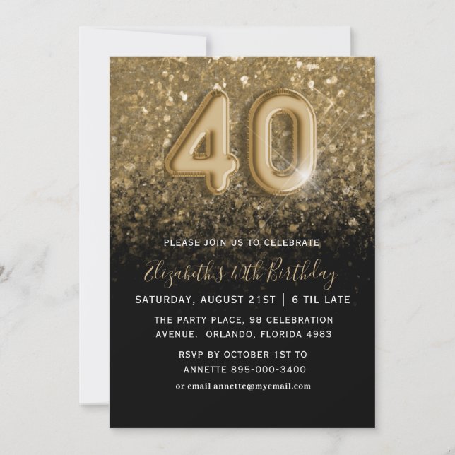 Convites Aniversário de 40 anos com Glitter Dourado e Preto (Frente)