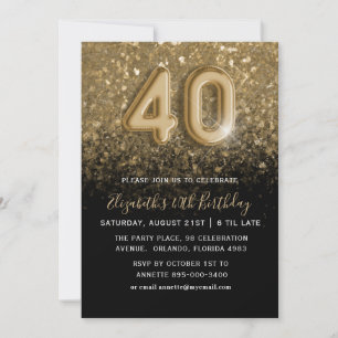 Convites Aniversário de 40 anos com Glitter Dourado e Preto