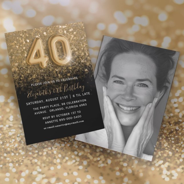 Convites Aniversário de 40 anos com Glitter Dourado e Preto (Criador carregado)