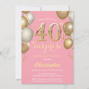 Convites Aniversário de 40 anos cor-de-rosa e balões Dour