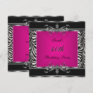 Convites aniversário de 40 anos cor-de-rosa zebra preta