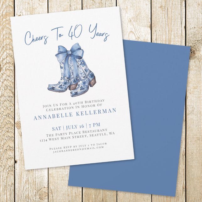Convites Aniversário de 40 anos Country Rústico (Country Blue Bow Cowboy Birthday Invitation )
