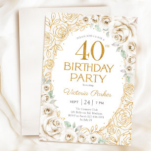 Convites Aniversário de 40 anos Creme Dourado Floral Femini